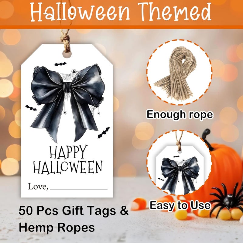 HandEasy 50 Pcs Halloween Tags with String, 2.1"×3.5" Bowknot Paper Gifts Tags, Bat Trick or Treat for Candy, Spider Happy Halloween Gifts Tag Wrap for Party Favor - B06 - Image 2